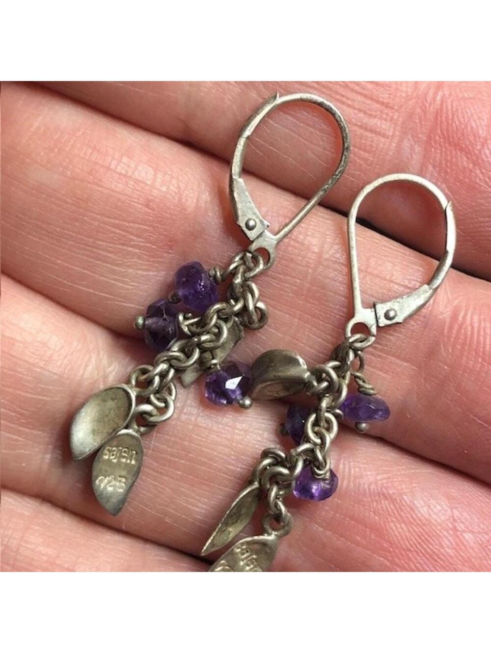 8456 Vintage Sajen Sterling Silver 925 amethyst Leaf Dangle Earrings